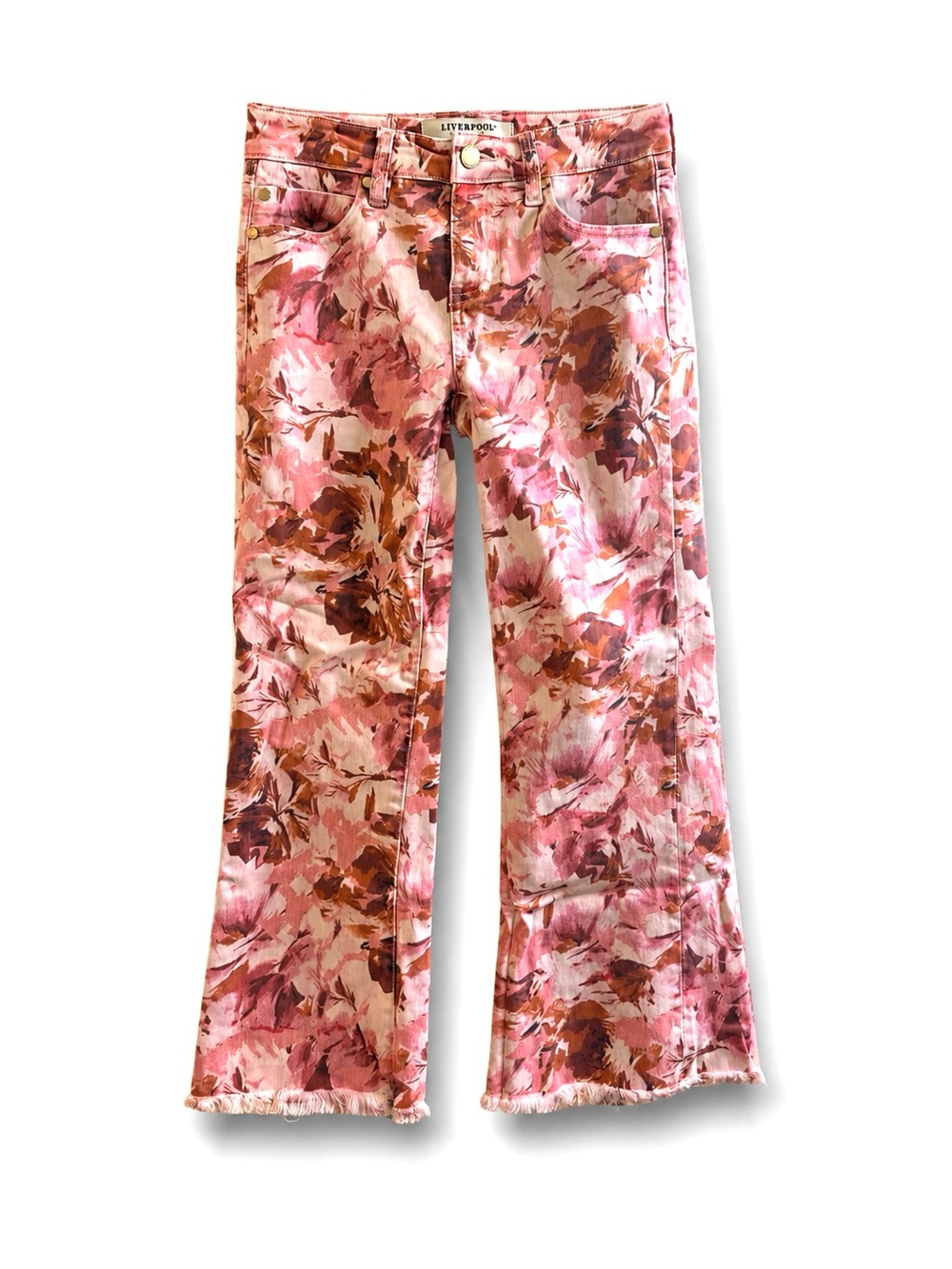 Liverpool Los Angeles Hannah Floral Crop Flare Fray Jeans Pink Rose Size 0 - Picture 2 of 10